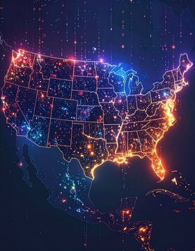 Illuminated map of the United States at night, showcasing glowing cities and data streams.