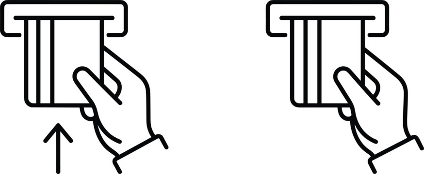 Credit card insertion icon set showing hand inserting plastic money into ATM slot for cash withdrawal banking finance transaction