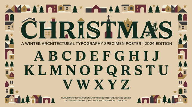 Winter architectural typography specimen poster with borders festive motifs