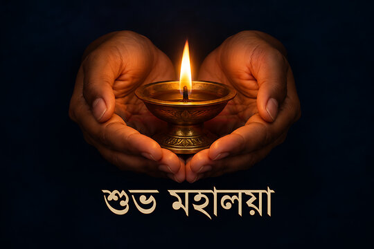 Hands holding glowing traditional oil lamp symbolizing devotion and blessings for durga puja mahalaya bengali festival worship spiritual celebration background ritual concept