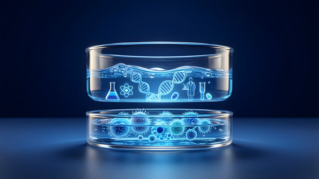 One environmental water sample separating into clear chemical, microbial and particulate evidence layers for biotechnology, life science, pharmaceuticals, research, diagnostics and innovation campaign