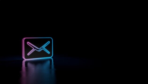Glowing neon envelope icon on black background, email and new message concept with copy space