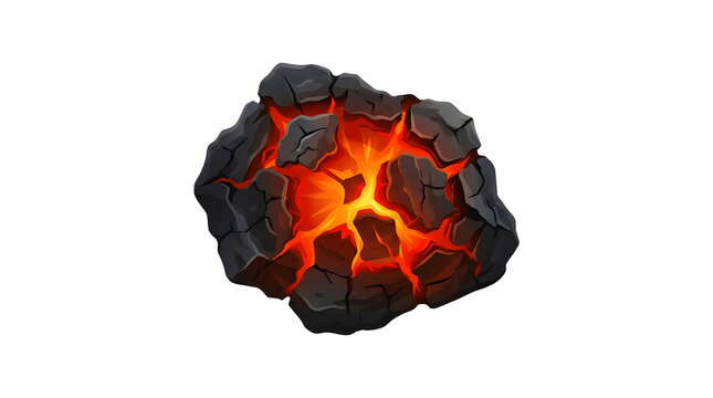Glowing volcanic rock fragment with hot molten lava veins and dark charred surface isolated for fantasy game destruction effect visual decoration.