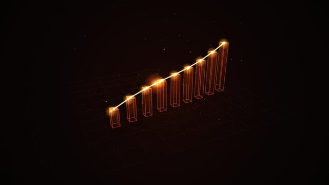 Glowing 3 d bar chart rising with trend line, financial growth and business success concept animation