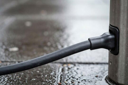 Thick electric vehicle charging cable entering a kerbside bollard on wet paving