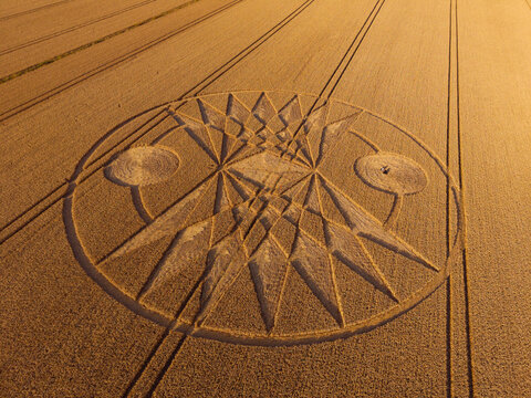 Roundway Hill, Wiltshire, UK, July 12, 2026; Aerial view of a mysterious, intricate, geometric formation in a wheat crop field near Roundway Hill, Wiltshire, England, UK; 11 July 2026