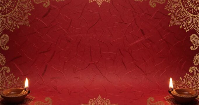 Horizontal Indian festival background template featuring textured red background, golden mandala corner patterns, and two lit clay diyas