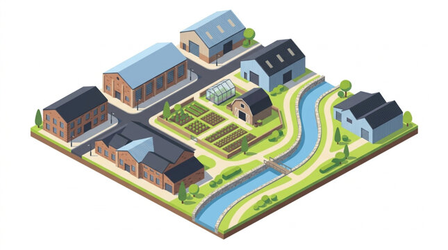 Isometric of Rural Farmstead with Stream and Gardens