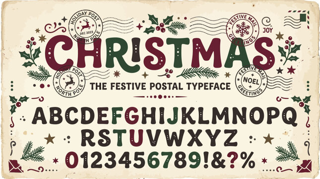 Festive holiday themed vintage postal alphabet with numbers festive symbols
