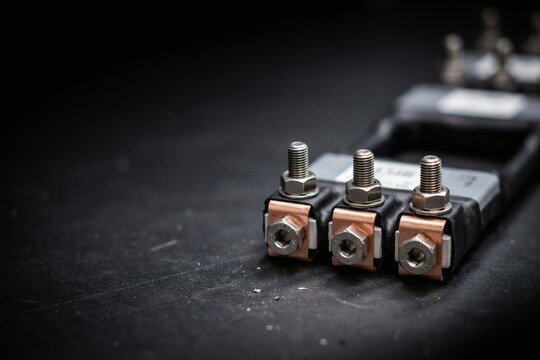 Bolted copper lugs on a battery module terminal block under a single hard lamp