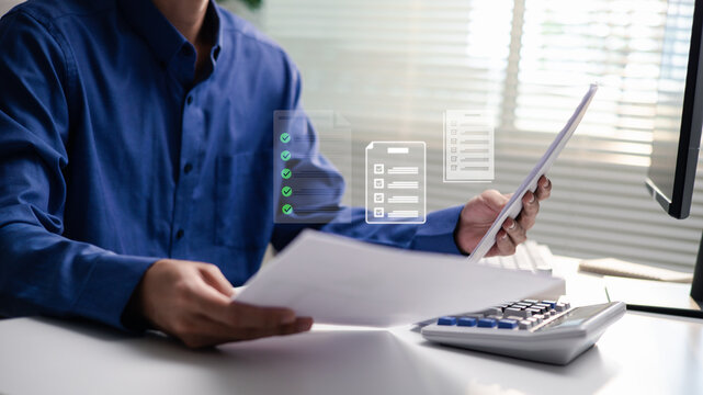 Business professional reviews documents with digital checklist and calculator. The scene represents financial audit, compliance verification, accounting review, risk assessment and business control.