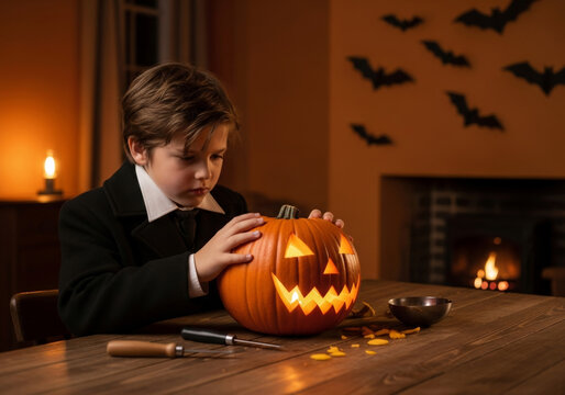 Child carves a glowing jack-o-lantern at a wooden table. Bat decorations and firelight create a spooky Halloween setting. Seasonal craft activity for holiday content.