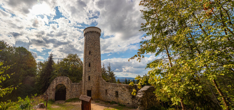 Stone observation tower Panorama Hamelika resembling a castle ruin, Marianske Lazne, Czech Republic