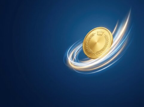 Golden Coin Spinning with Light Trails on Blue Background