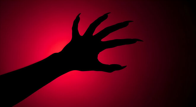 A clawed hand silhouette reaches across a red background. The horror scene suggests fear and supernatural danger. Dramatic copy space supports Halloween design.