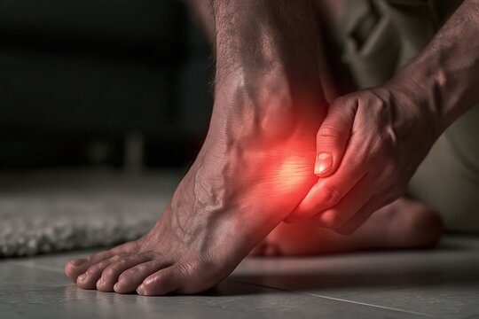 Man holding painful foot with sore heel and ankle injury medical care