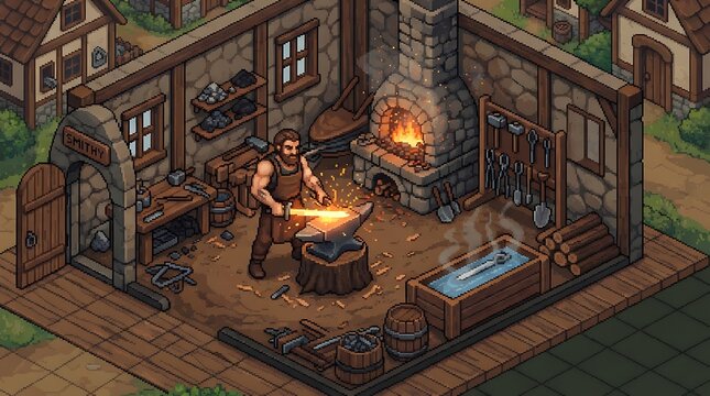 Bearded blacksmith forging glowing molten sword inside rustic stone smithy workshop