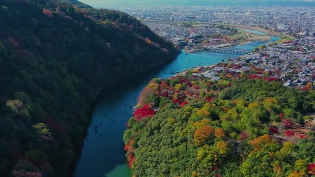 Beautiful aerial drone shot of a winding river flowing through the scenic Japanese countryside. Clear water, lush natural surroundings and peaceful rural landscapes create a stunning view of Japan fro