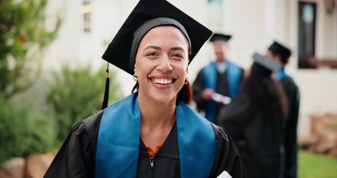 Face, happy and student at campus for graduation, ceremony and diploma for degree completion. Portrait, woman and graduate outdoor with college certificate, accolade award and learning accomplishment