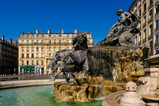 Bartholdi Fountain in Place des Terreaux, Lyon, France, monumental 19th-century sculpture and historic urban landmark in the city center