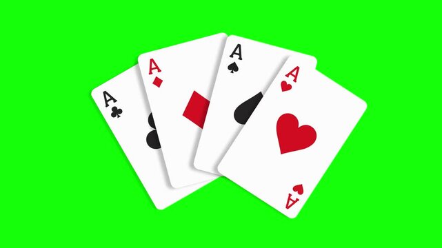 Playing cards animated four aces revealing and fanning out 4k green screen