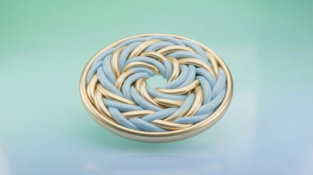 Abstract circular 3D render with braided golden and pastel blue twisted rope pattern design