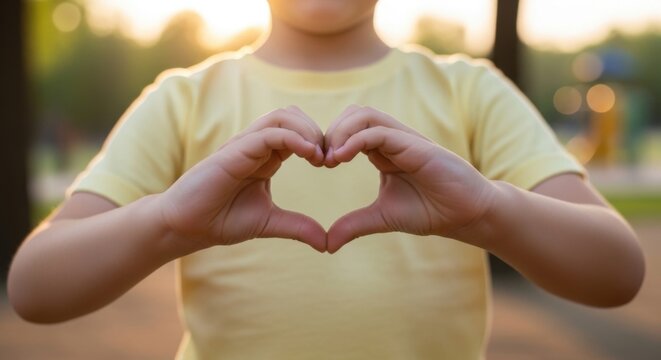 Child hands heart shape yellow shirt