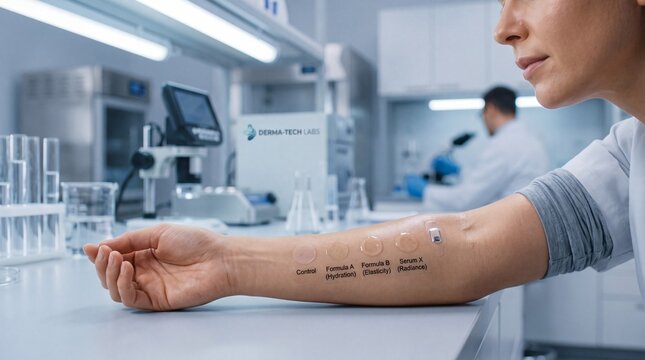 Clinical trial laboratory science technology skin test patch research innovation healthcare medical woman futuristic