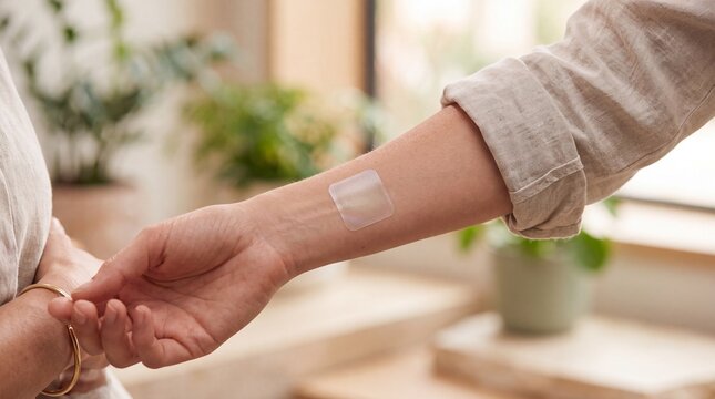 Transparent patch adhesive bandage cosmeceutical applied on forearm close up natural light skincare healing adult indoor healthy skin gentle care