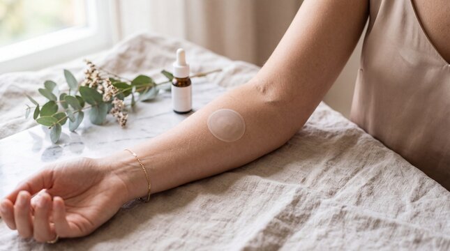 Hydrocolloid patch, skincare serum, and eucalyptus branch on linen table create calm, natural self care scene, focusing on soothing and healing skin with gentle, cosmeceutical products