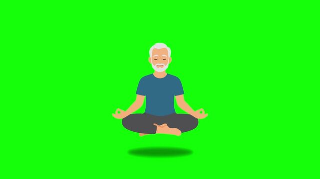 Meditation animated old man levitating in lotus pose 4k green screen