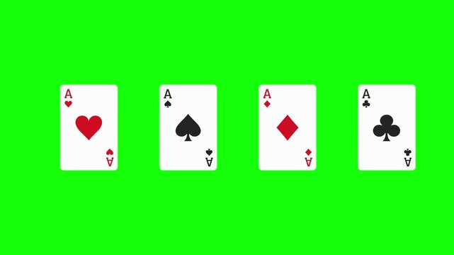 Playing cards animated flipping to reveal four aces 4k green screen
