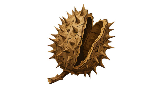 Open empty chestnut spiky husk pod on transparent background for game assets fantasy item design dry thorny shell detail and organic autumn textures.