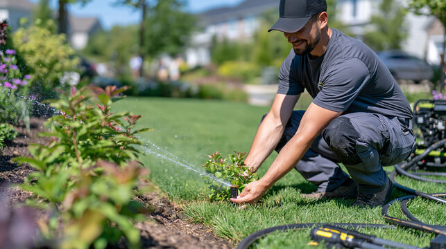 Technician testing a newly installed garden sprinkler system on a lush green lawn, water spraying from a sprinkler head while hoses and professional tools remain nearby, sunny summer day, residentia