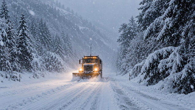 Snowplow Clearing a Mountain Road During Heavy Snowfall