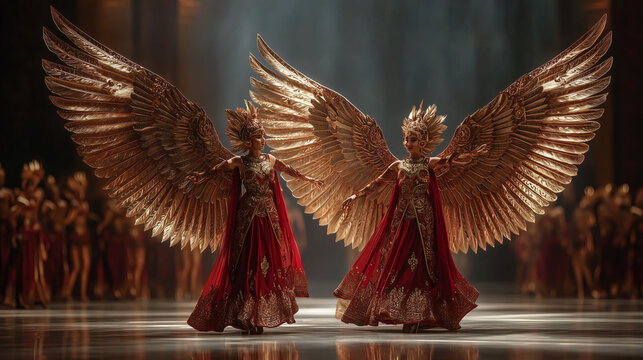 Majestic Golden Winged Goddess Dancers In Red Gowns