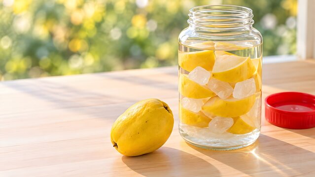 かりん酒の仕込み 秋の台所でかりんと氷砂糖を詰めたガラスの保存瓶