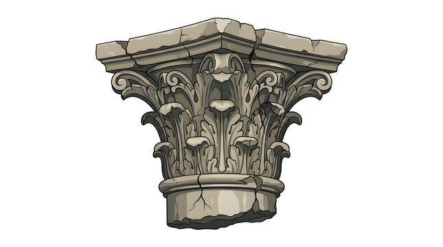 Ornate corinthian column capital showing acanthus leaf carvings with cracked marble textures for classic architecture design on transparent background.
