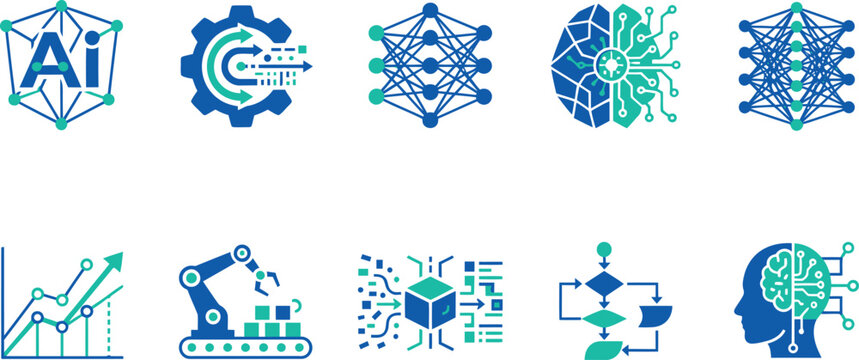 Artificial intelligence icons set vector illustration, machine learning and neural network symbols
