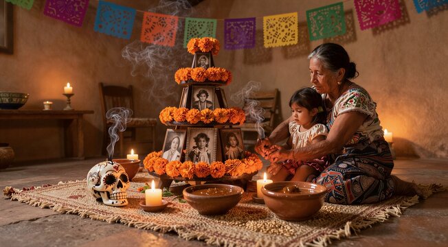 Grandmother and child arranging ofrenda with candles in home