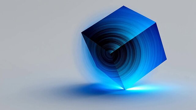 Tilted blue gradient cube with concentric circle texture on white background