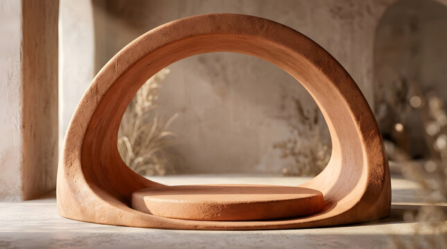 Terracotta arch podium for product display on beige