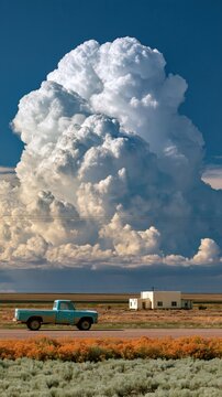 &Eacute;norme nuage cumulus au-dessus d'une plaine rurale avec un pick-up ancien sur la route