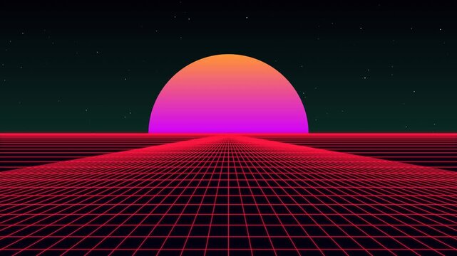 Retro synthwave neon grid landscape with glowing sun