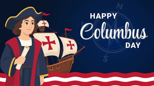 Columbus Day animated text appearing with character and sailing ship 4k dark blue background.
