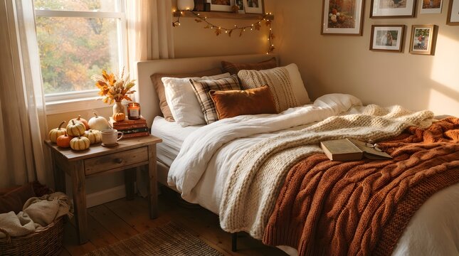 Cozy autumn bedroom interior with warm wool blankets pumpkins and soft lighting featuring a comfortable bed for seasonal decor