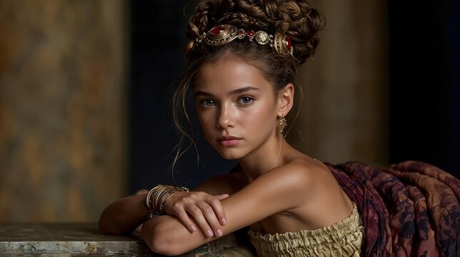 Jeune femme au portrait royal avec coiffure tress&eacute;e et bijoux dor&eacute;s anciens