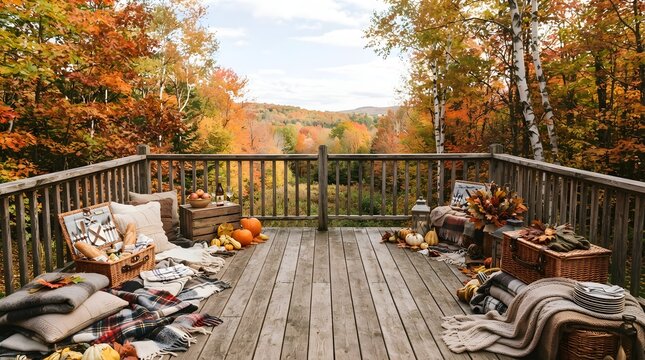 Cozy autumn picnic setup on a wooden deck overlooking a vibrant fall forest landscape with pumpkins and seasonal decor for holidays
