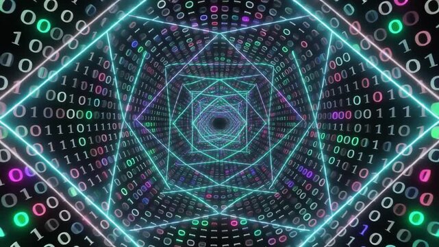 An immersive digital vortex of glowing geometric patterns and flowing binary code streams through a futuristic tunnel, creating a vibrant visual representation of data transmission