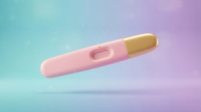 3D render of a pink pregnancy test with a gold cap isolated on a soft pastel gradient background